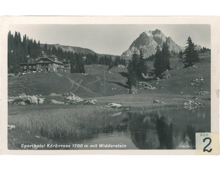 Alte Postkarte mit Berghotel Körbersee mit Widderstein 