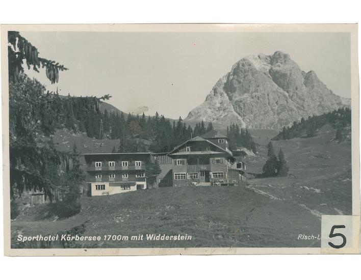 Alte Postkarte mit Berghotel Körbersee mit Widderstein 