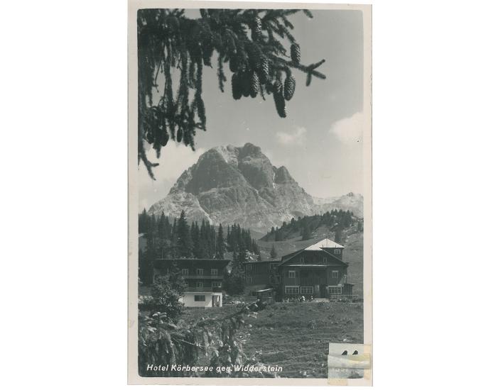 Alte Postkarte mit Berghotel Körbersee mit Widderstein 